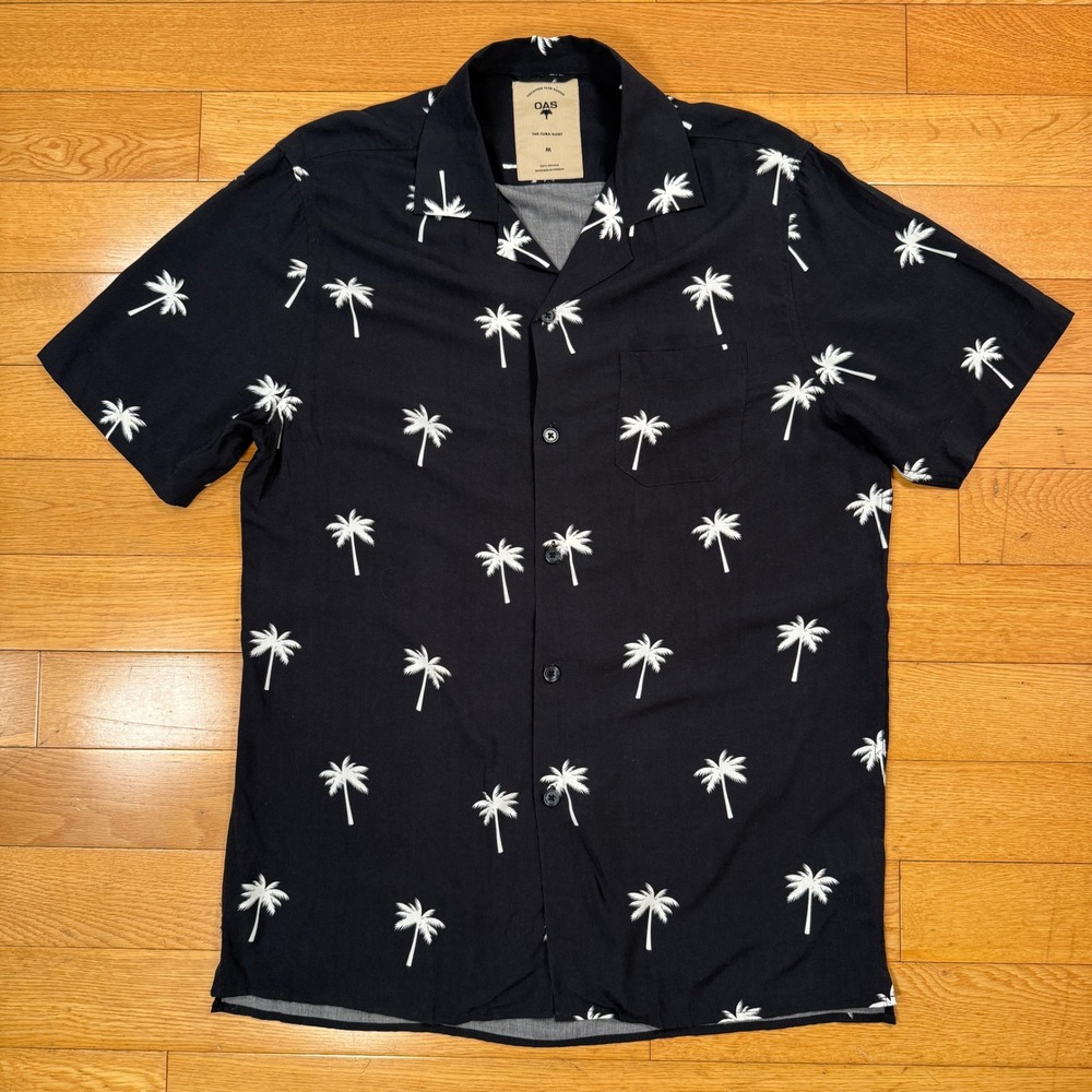 OAS Mens Medium The Cuba Shirt Navy‎ Palm Tree Print Short Sleeve Button Up